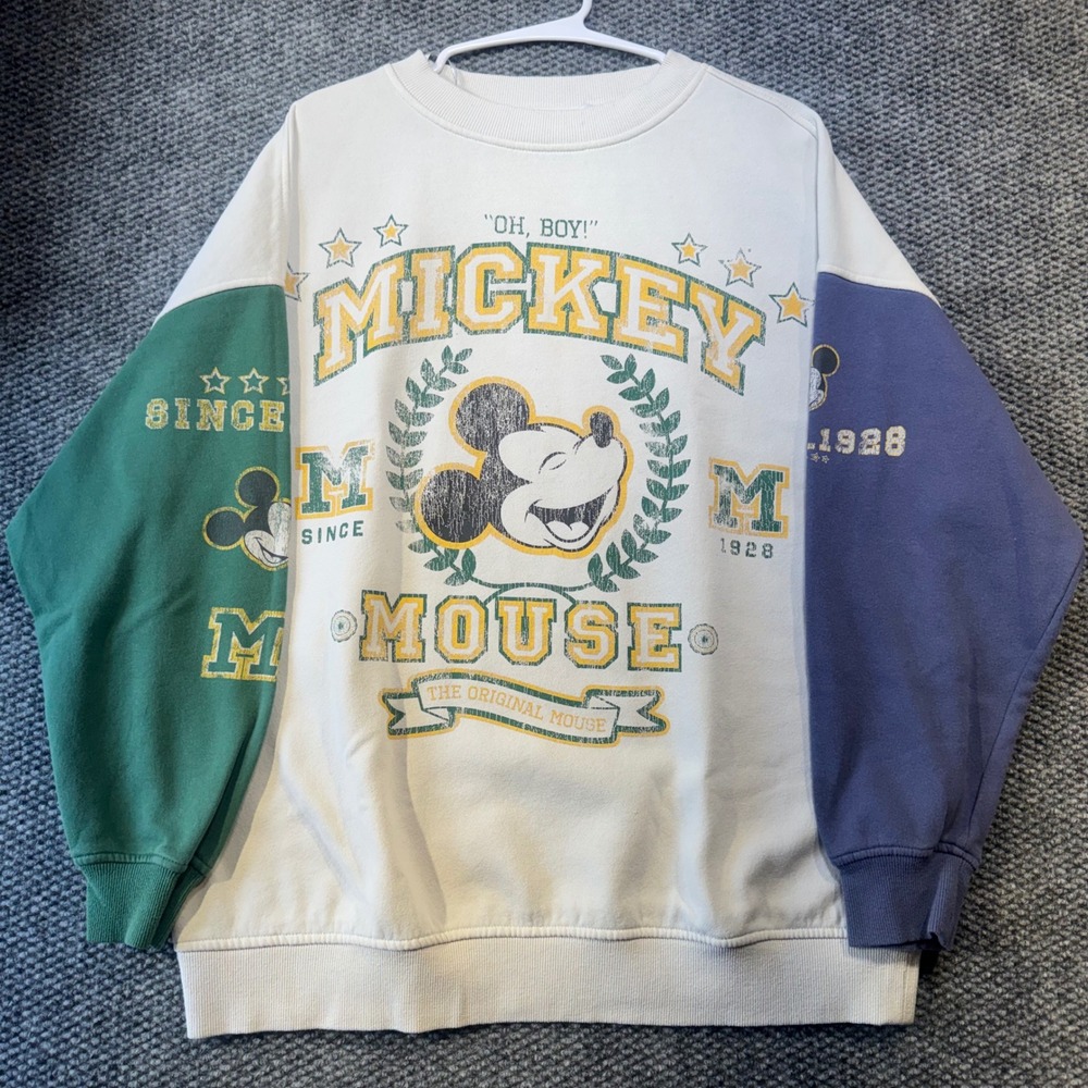 H&M Divided Disney Mickey Mouse Colorblock Sweatshirt Cream Green Blue Womens M